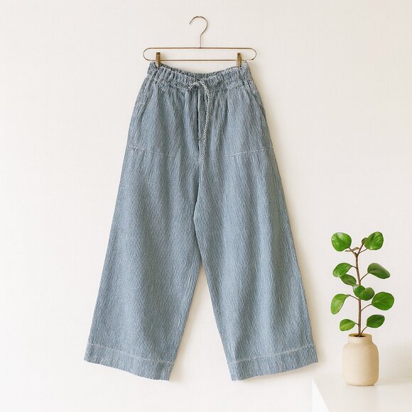 Forever 21 Premium High Rise Wide Leg Blue White Striped Cotton Pants Women’s L - Picture 1 of 14